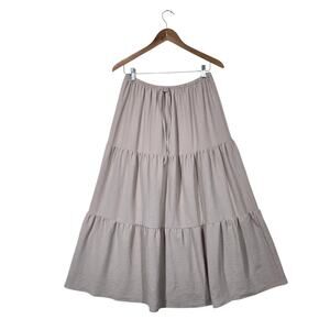 Adrianna Papell Tiered Maxi Skirt M Beige Bamboo Drawstring Boho Cottagecore NWT